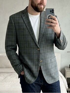 JKT New York Men’s 50L Gray Blue Plaid Cotton Stretch Bond Blazer Jacket Coat